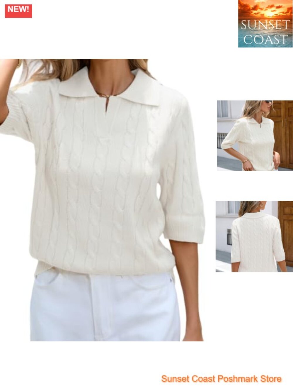 Cable Knit Polo Pullover Sweater Short Sleeve Top for Women